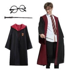Harry Potter Gryffindor Kapişonlu Çocuk Kostüm + Asa + Gözlük Seti 5-6 Yaş