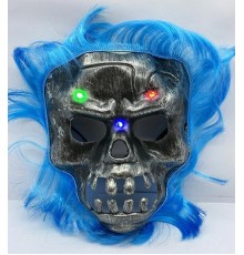 Mavi Saçlı Led Işıklı Kuru Kafa İskelet Korku Maskesi 22x25 cm