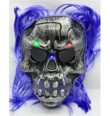 Mor Saçlı Led Işıklı Kuru Kafa İskelet Korku Maskesi 22x25 cm