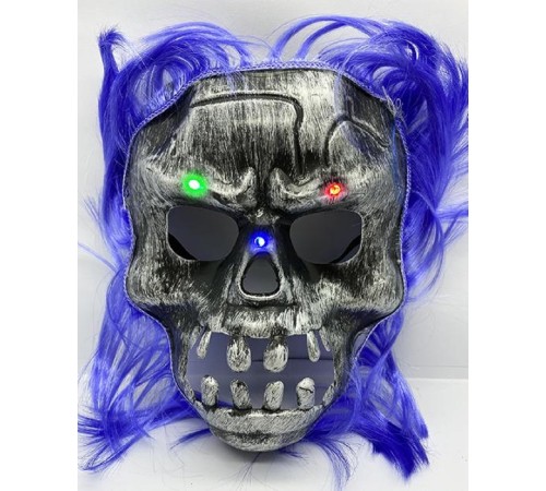 Mor Saçlı Led Işıklı Kuru Kafa İskelet Korku Maskesi 22x25 cm