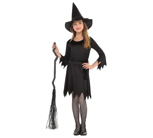 Siyah Elbiseli Siyah Cadı Şapkalı Cadı Kostümü 9-10 Yaş