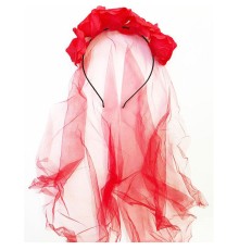 Kırmızı Renk Güllü Kırmızı Duvaklı Halloween Partisi Ürpertici Taç