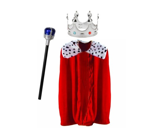 Kral Pelerini Çocuk 90 cm + Kral Taç Gümüş + Kral Asası Çocuk Boy