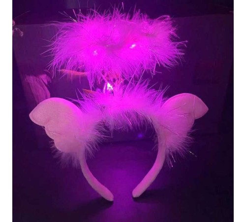 Pembe Kanatlı Pembe Tüylü Led Işıklı 3 Fonksiyonlu Melek Hare Taç 20x25 cm