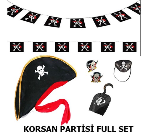 Çocuk Korsan Şapkası + Kancası + Göz Bandı + 2 Adet Yüzük + Afiş Seti
