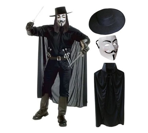 V For Vendetta Maskesi Şapkası ve Pelerin Kostüm Seti Yetişkin Boy
