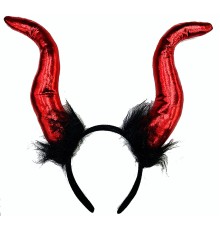 Kırmızı Renk Mega Boy Siyah Tüylü Saten Kaplama Boynuzlu Malefiz Tacı 30x28 cm
