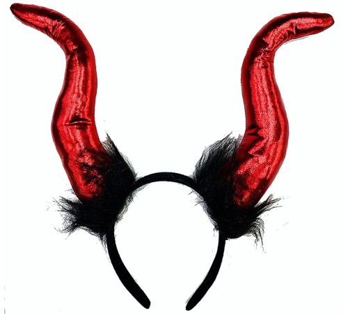 Kırmızı Renk Mega Boy Siyah Tüylü Saten Kaplama Boynuzlu Malefiz Tacı 30x28 cm