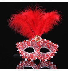 Kırmızı Dantel İşlemeli Kırmızı Tüylü Balo Parti Maskesi 17x20 cm