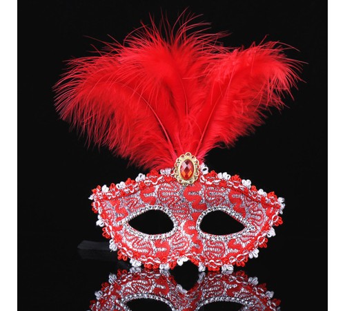 Kırmızı Dantel İşlemeli Kırmızı Tüylü Balo Parti Maskesi 17x20 cm