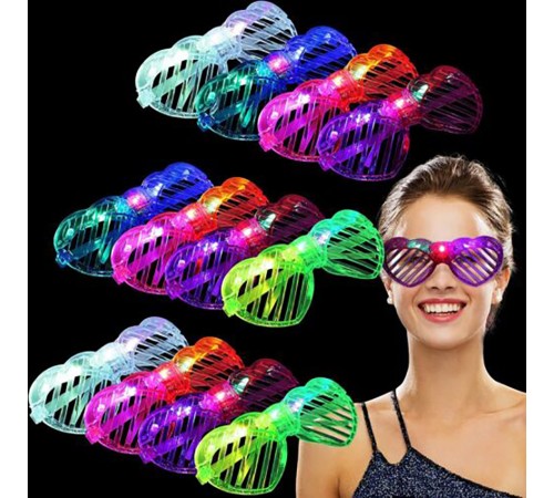 Led Işıklı Pilli Kalp Panjur Şekilli Lüks Parti Gözlüğü Karışık 12 Adet