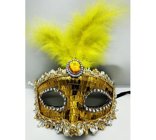 Altın Renk Payetli Pullu Tüylü Parti Maskesi 17x20 cm