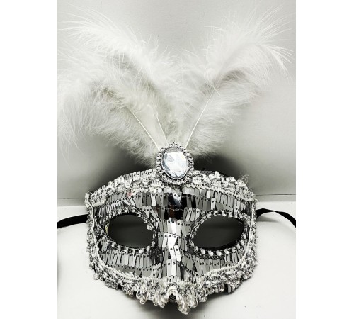 Gümüş Renk Payetli Pullu Tüylü Parti Maskesi 17x20 cm