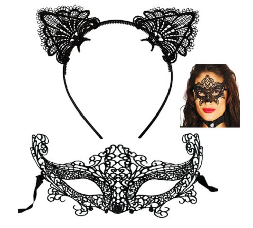 Siyah Renk Dantel Maske ve Dantel Taç Seti Yetişkin Boy No 4