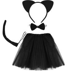 Kedi Eteği Tacı Kuyruğu ve Papyon Seti Siyah Renk Çocuk Boy