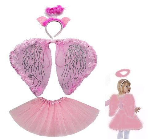Çocuk Peri Kostümü Pembe - Peri Kanadı Eteği Işıklı Tacı 3 Parça Kostüm Set