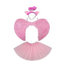 Çocuk Melek Kostümü Pembe - Melek Kanadı Eteği Işıklı Tacı 3 Parça Kostüm Seti