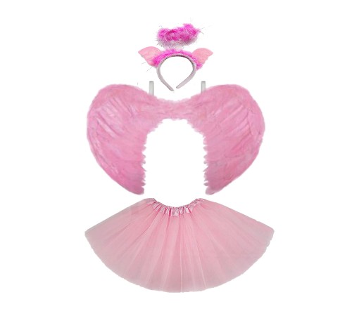 Çocuk Melek Kostümü Pembe - Melek Kanadı Eteği Işıklı Tacı 3 Parça Kostüm Seti