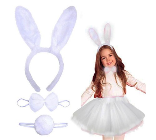 Tavşan Tacı Eteği Papyonu ve Kuyruk Kostüm Seti Beyaz Renk Çocuk Boy