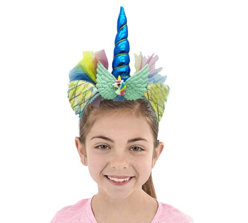 Mavi Boynuzlu Tüllü Kanatlı Unicorn Tacı 17x27 cm