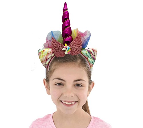 Fuşya Boynuzlu Tüllü Kanatlı Unicorn Tacı 17x27 cm