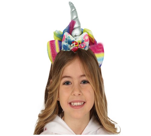 Gümüş Renk Boynuzlu Payetli Fiyonklu Unicorn Tacı 17x27 cm