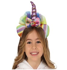 Pembe Renk Boynuzlu Payetli Fiyonklu Unicorn Tacı 17x27 cm