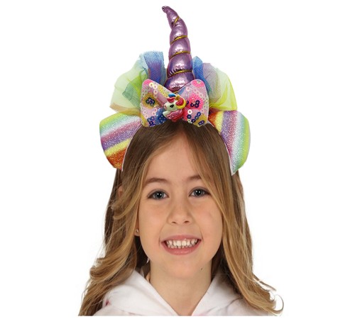 Pembe Renk Boynuzlu Payetli Fiyonklu Unicorn Tacı 17x27 cm