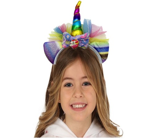 Rengarenk Boynuzlu Payetli Fiyonklu Unicorn Tacı 17x27 cm