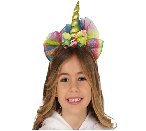 Altın Renk Boynuzlu Payetli Fiyonklu Unicorn Tacı 17x27 cm