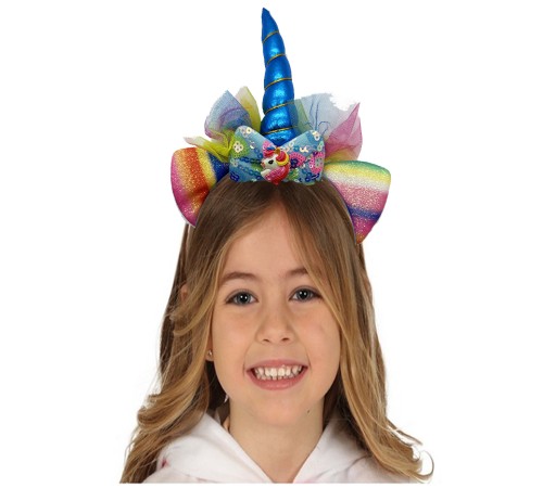 Mavi Renk Boynuzlu Payetli Fiyonklu Unicorn Tacı 17x27 cm