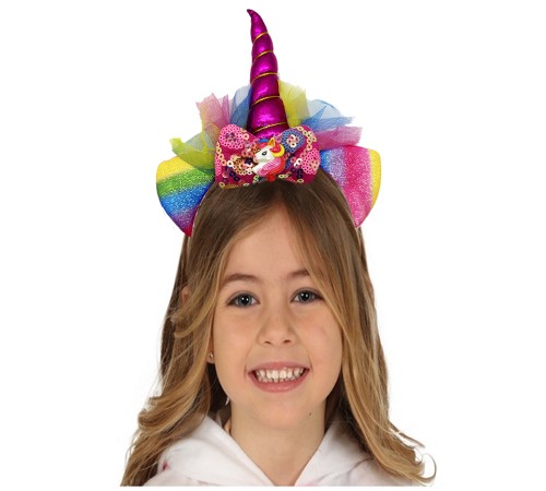 Fuşya Renk Boynuzlu Payetli Fiyonklu Unicorn Tacı 17x27 cm