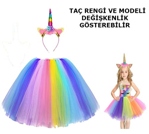 Unicorn Tütü Etek ve Taç Seti - Unicorn Kostüm Seti Çocuk Boy