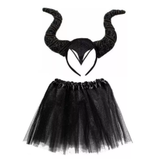 Siyah Renk Motif İşlemeli Malefiz Tacı ve Etek Seti Çocuk Boy