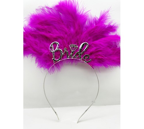 Fuşya Renk Tüylü İthal Gümüş Renk Bride Gelin Tacı 25x20 cm
