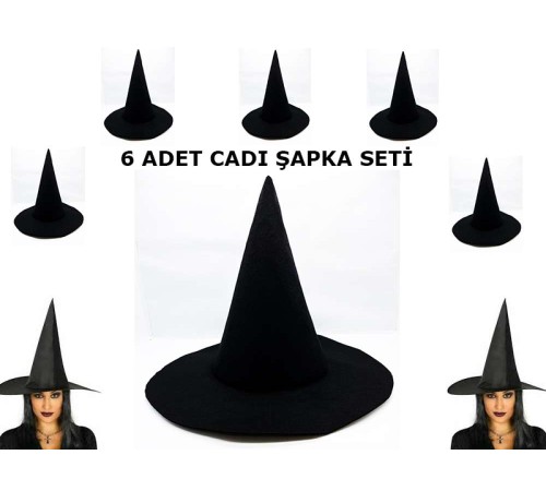 Siyah Cadı Şapkası Keçe Yetişkin Boy 6 Adet