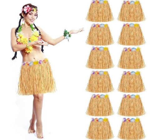 Yetişkin ve Çocuk Uyumlu Saman Renk Hawaii Luau Hula Etek 40 cm 12 Adet