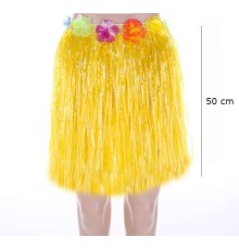 Yetişkin ve Çocuk Uyumlu Sarı Renk Püsküllü Hawaii Luau Hula Etek 50 cm