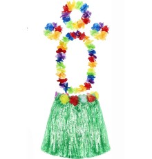Yetişkin ve Çocuk Uyumlu Luau Aloha Hawaii Yeşil Etek ve Renkli Kolye Taç 2 Adet Bileklik Seti