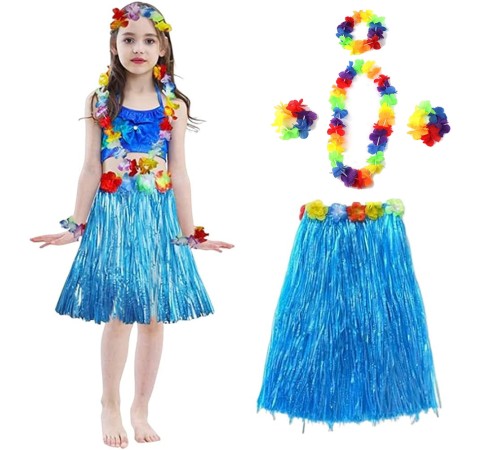 Yetişkin ve Çocuk Uyumlu Hawaii Luau Aloha Mavi Püsküllü Etek Kolye Taç ve 2 Adet Bileklik Seti
