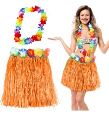Hawaii Luau Aloha Turuncu Püsküllü 40 cm Etek ve Hawaii Kolye Seti