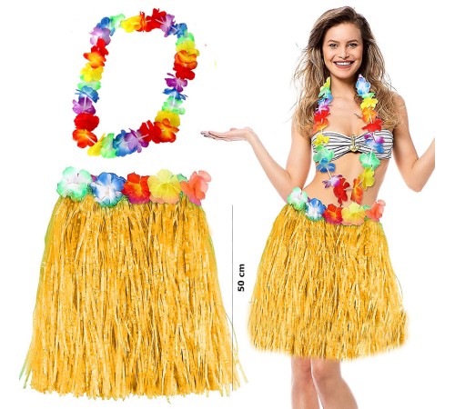Hawaii Luau Aloha Sarı Püsküllü 50 cm Etek ve Hawaii Kolye Seti