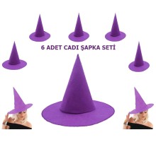 Mor Renk Keçe Cadı Şapkası Yetişkin Çocuk Uyumlu 6 Adet