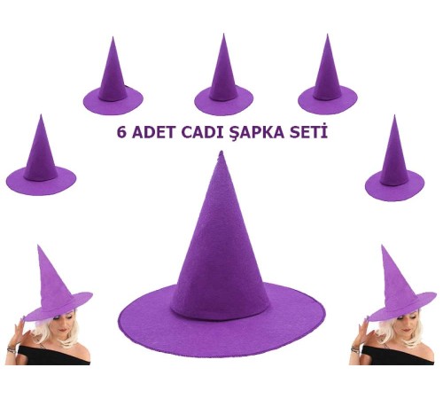 Mor Renk Keçe Cadı Şapkası Yetişkin Çocuk Uyumlu 6 Adet