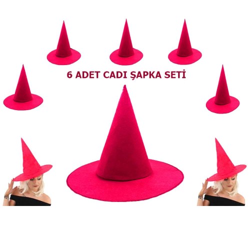 Pembe Fuşya Renk Keçe Cadı Şapkası Yetişkin Çocuk Uyumlu 6 Adet