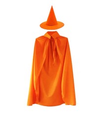 Yetişkin Boy 120 cm Turuncu Yakalı Pelerin ve Turuncu Cadı Şapkası