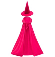 Yetişkin Boy 120 cm Fuşya Pembe Yakalı Pelerin ve Fuşya Cadı Şapkası