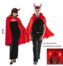 Kırmızı Yakalı Yetişkin Çocuk Uyumlu 90 cm Halloween Pelerin ve Işıklı Boynuz Taç Seti