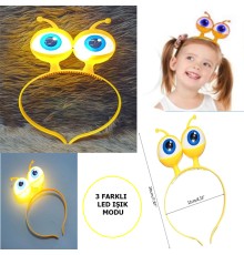 Led Işıklı & Pilli 3 Farklı Modda Yanan Uzaylı Göz Parti Tacı Sarı Renk 18x12 cm