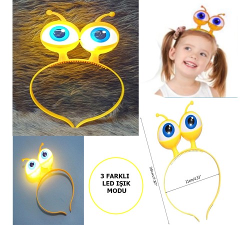 Led Işıklı & Pilli 3 Farklı Modda Yanan Uzaylı Göz Parti Tacı Sarı Renk 18x12 cm